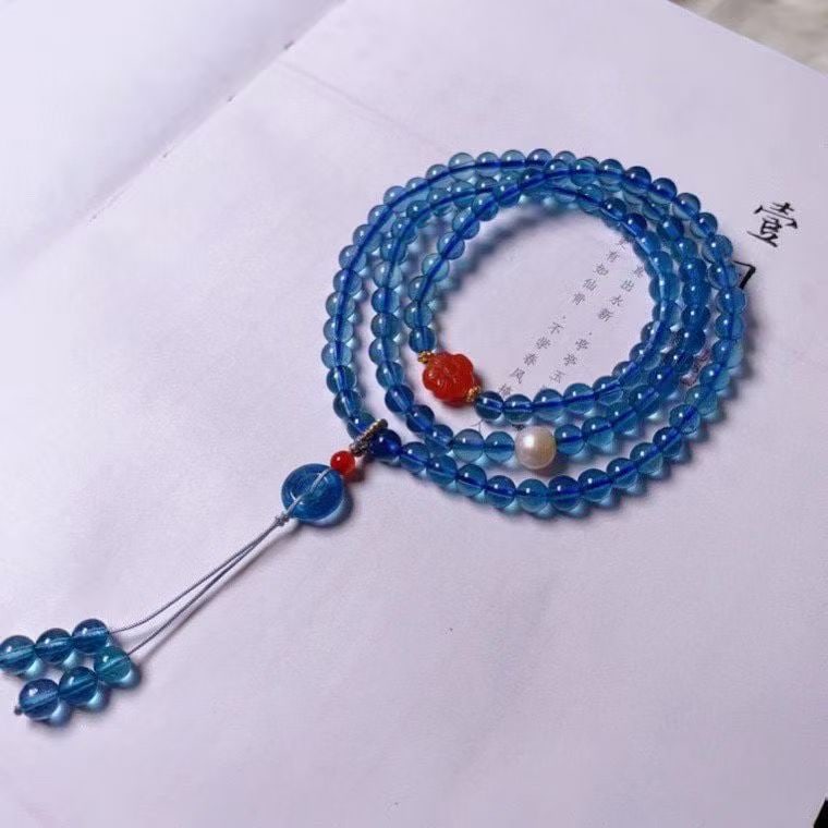 Natural Deep Blue Aquamarine Multi-Strand Bracelet with 5.1mm Beads, Featuring South Red Agate, - 2