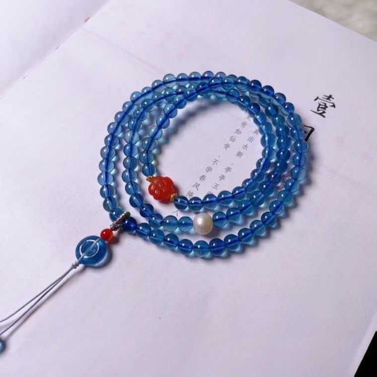 Natural Deep Blue Aquamarine Multi-Strand Bracelet with 5.1mm Beads, Featuring South Red Agate, - 3