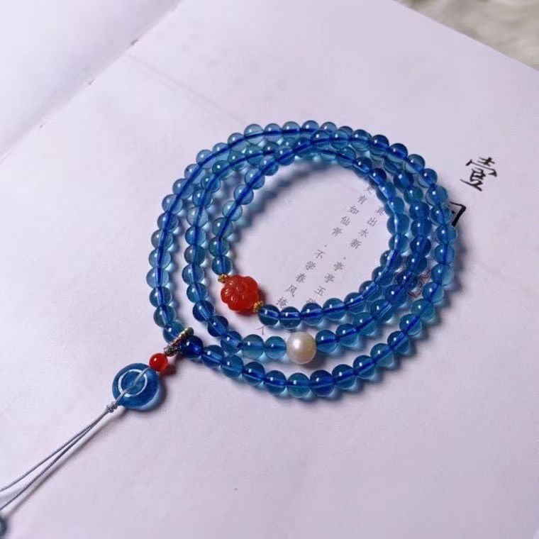 Natural Deep Blue Aquamarine Multi-Strand Bracelet with 5.1mm Beads, Featuring South Red Agate, - 4