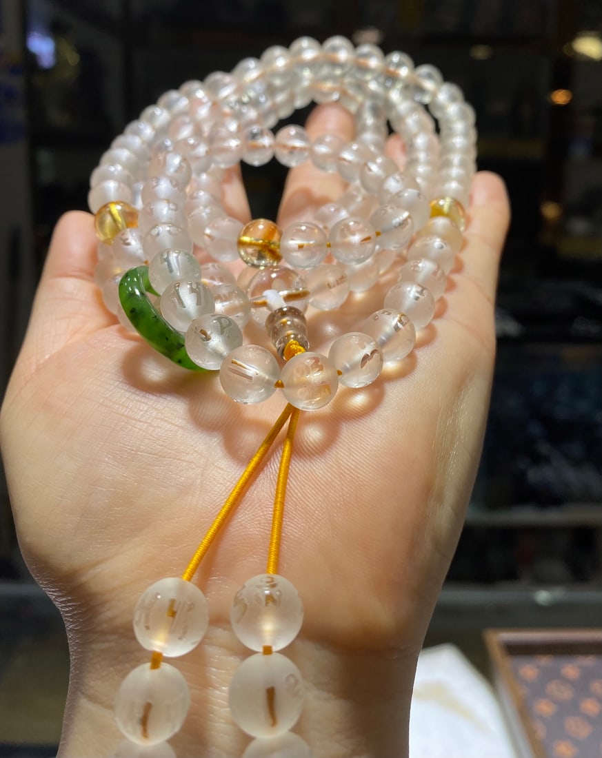 Natural White Crystal 108-Bead Buddhist Prayer Beads with Six-Syllable Mantra, 9.5mm, with Yellow - 10