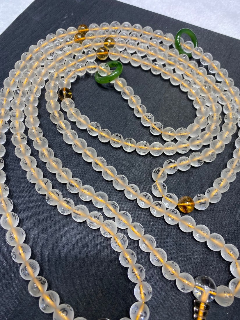 Natural White Crystal 108-Bead Buddhist Prayer Beads with Six-Syllable Mantra, 9.5mm, with Yellow - 3