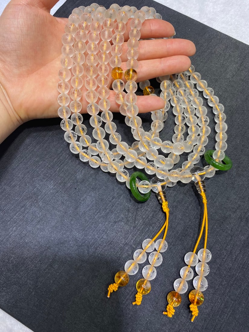 Natural White Crystal 108-Bead Buddhist Prayer Beads with Six-Syllable Mantra, 9.5mm, with Yellow - 4