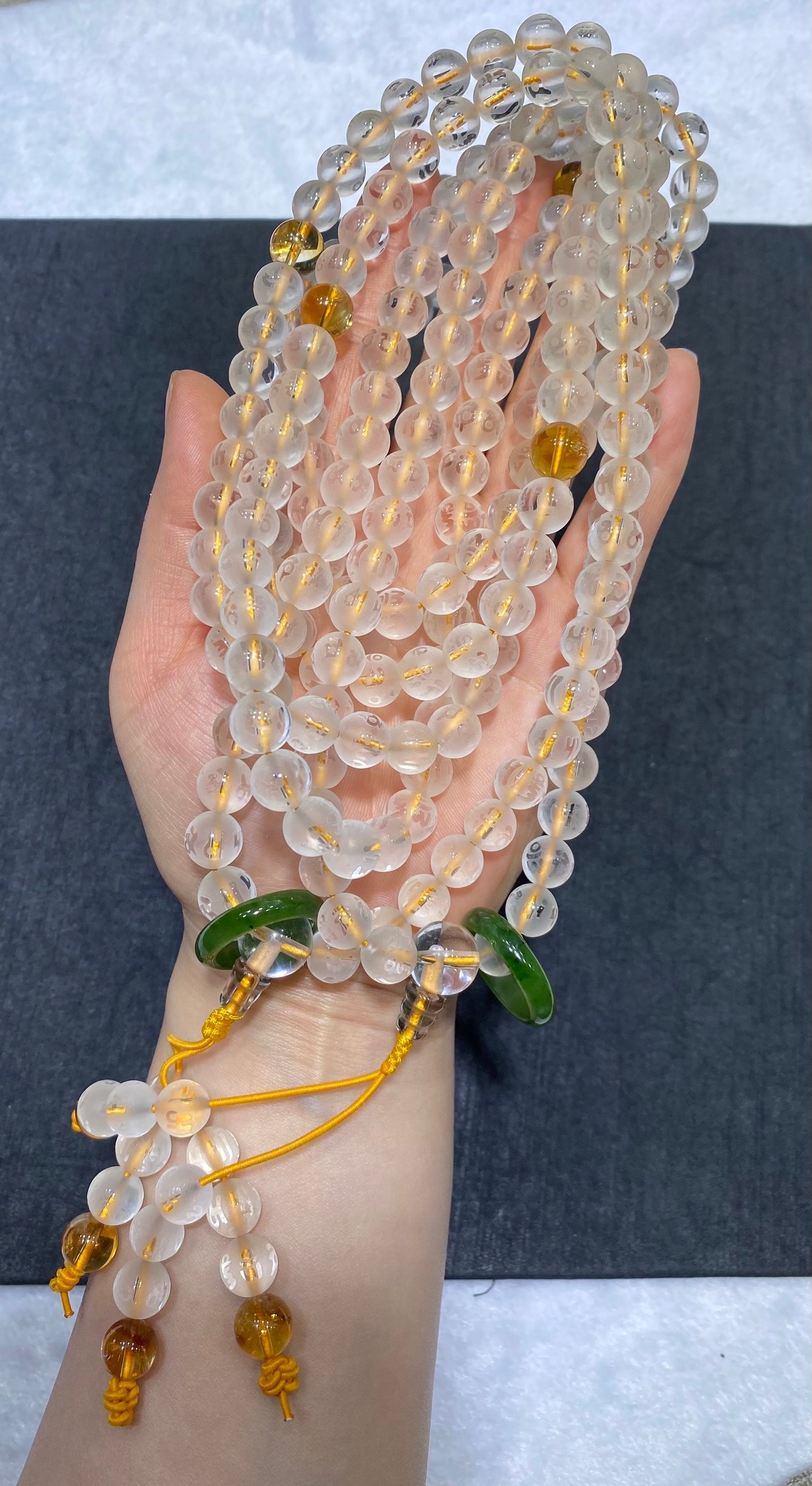 Natural White Crystal 108-Bead Buddhist Prayer Beads with Six-Syllable Mantra, 9.5mm, with Yellow - 6