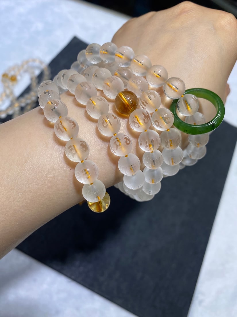 Natural White Crystal 108-Bead Buddhist Prayer Beads with Six-Syllable Mantra, 9.5mm, with Yellow - 7