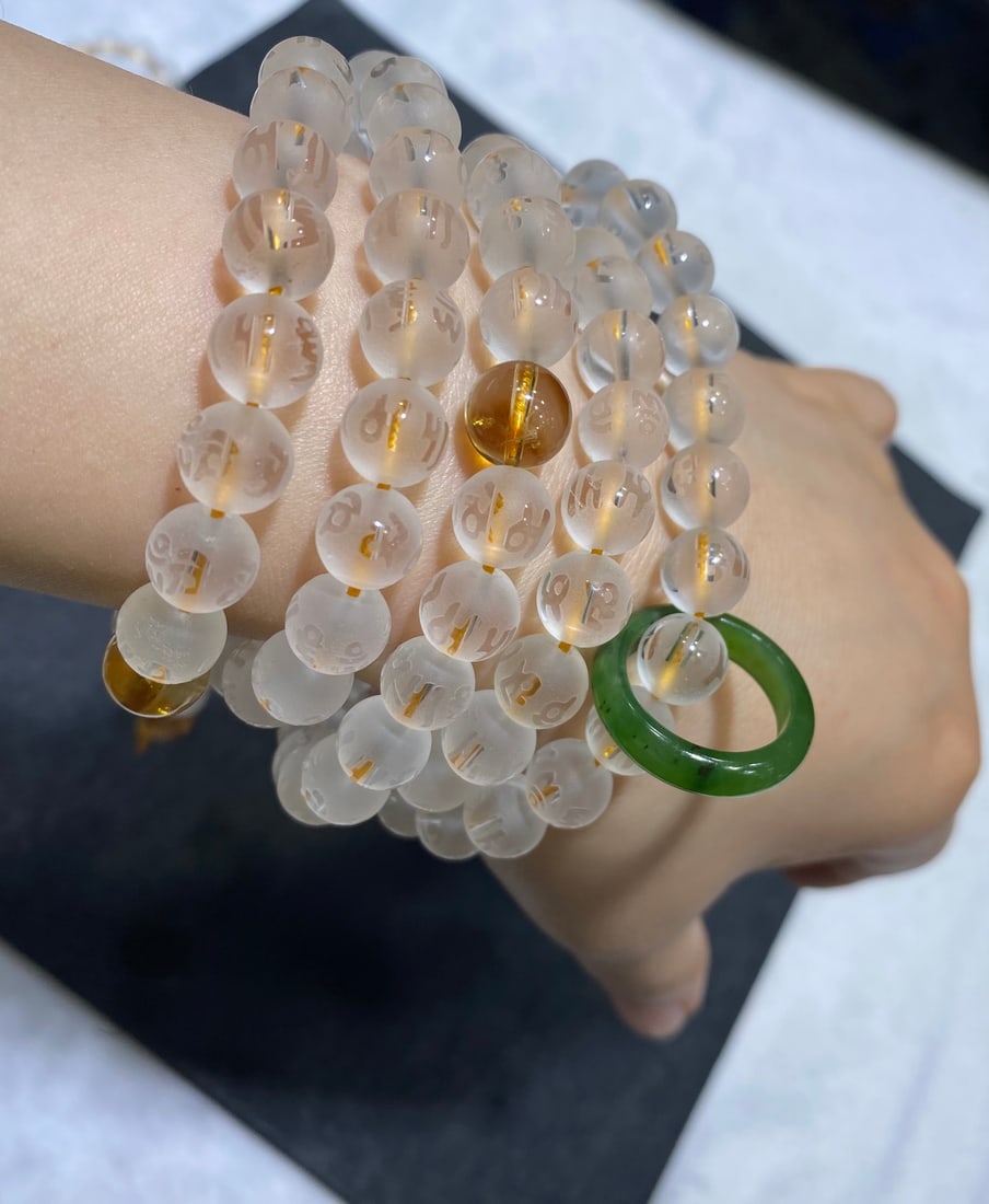 Natural White Crystal 108-Bead Buddhist Prayer Beads with Six-Syllable Mantra, 9.5mm, with Yellow - 8