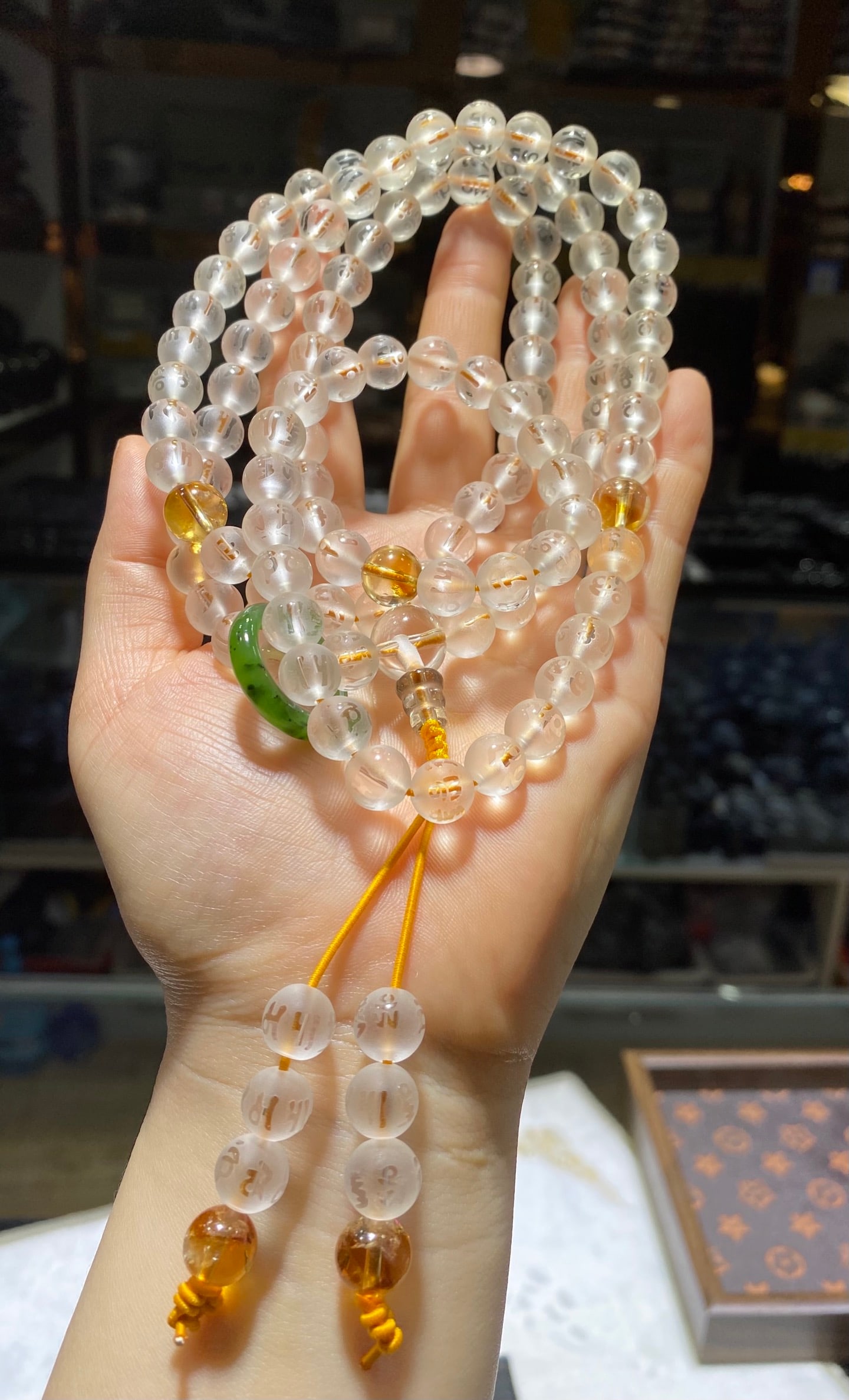 Natural White Crystal 108-Bead Buddhist Prayer Beads with Six-Syllable Mantra, 9.5mm, with Yellow - 9