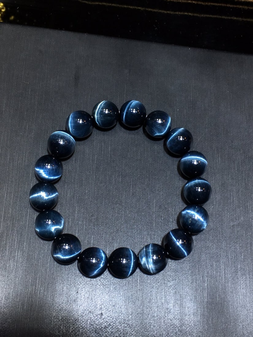 Natural 12mm Blue Tiger Eye Bracelet - Polished, Clear Stripes, Powerful Energy - 2