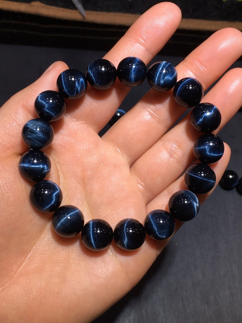 Natural 12mm Blue Tiger Eye Bracelet - Polished, Clear Stripes, Powerful Energy - 3
