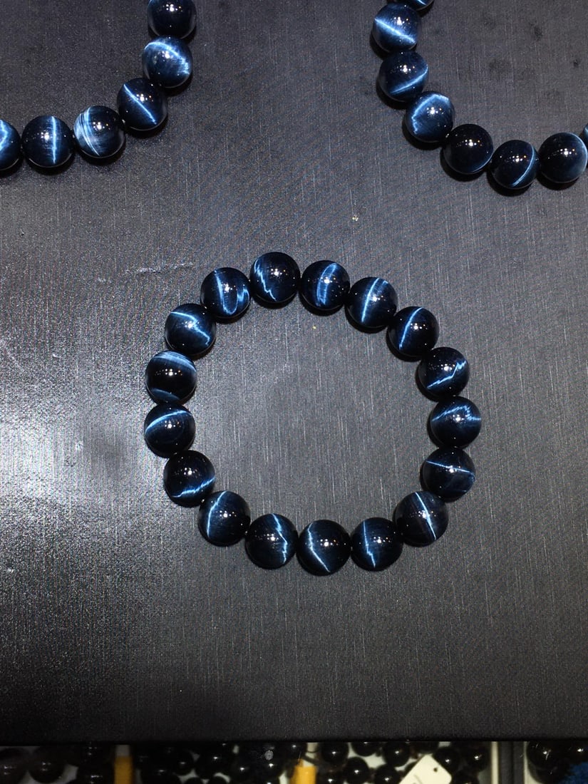 Natural 12mm Blue Tiger Eye Bracelet - Polished, Clear Stripes, Powerful Energy - 6
