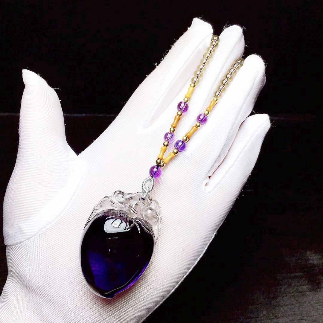 Natural Amethyst Pendant with Rutilated Inclusions, 47x33x25mm, 48.8g - Wealth, Relationship, and - 2