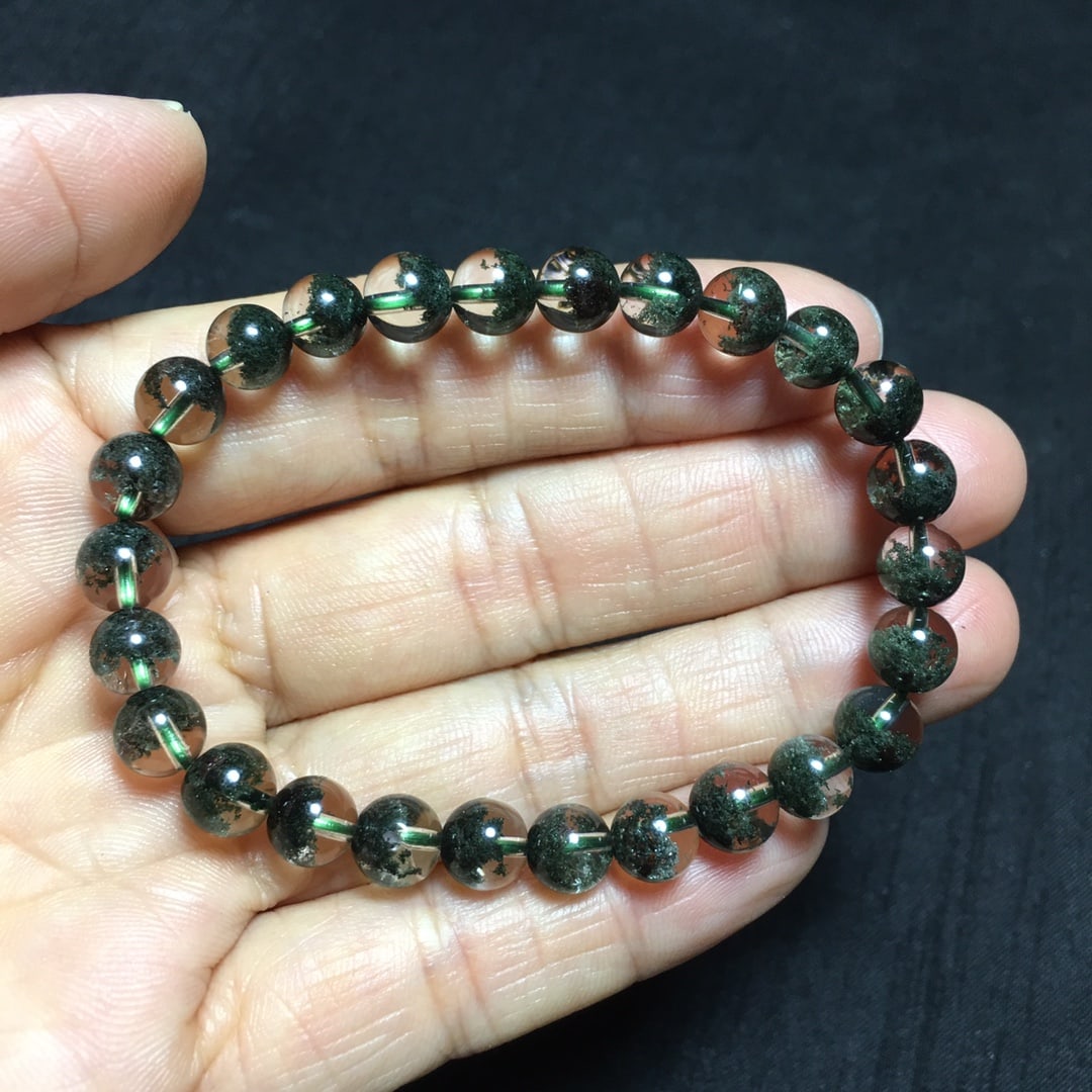Natural Brazilian Green Phantom Quartz Bracelet, 7+mm Beads, 11.05g, Transparent Crystal - 2