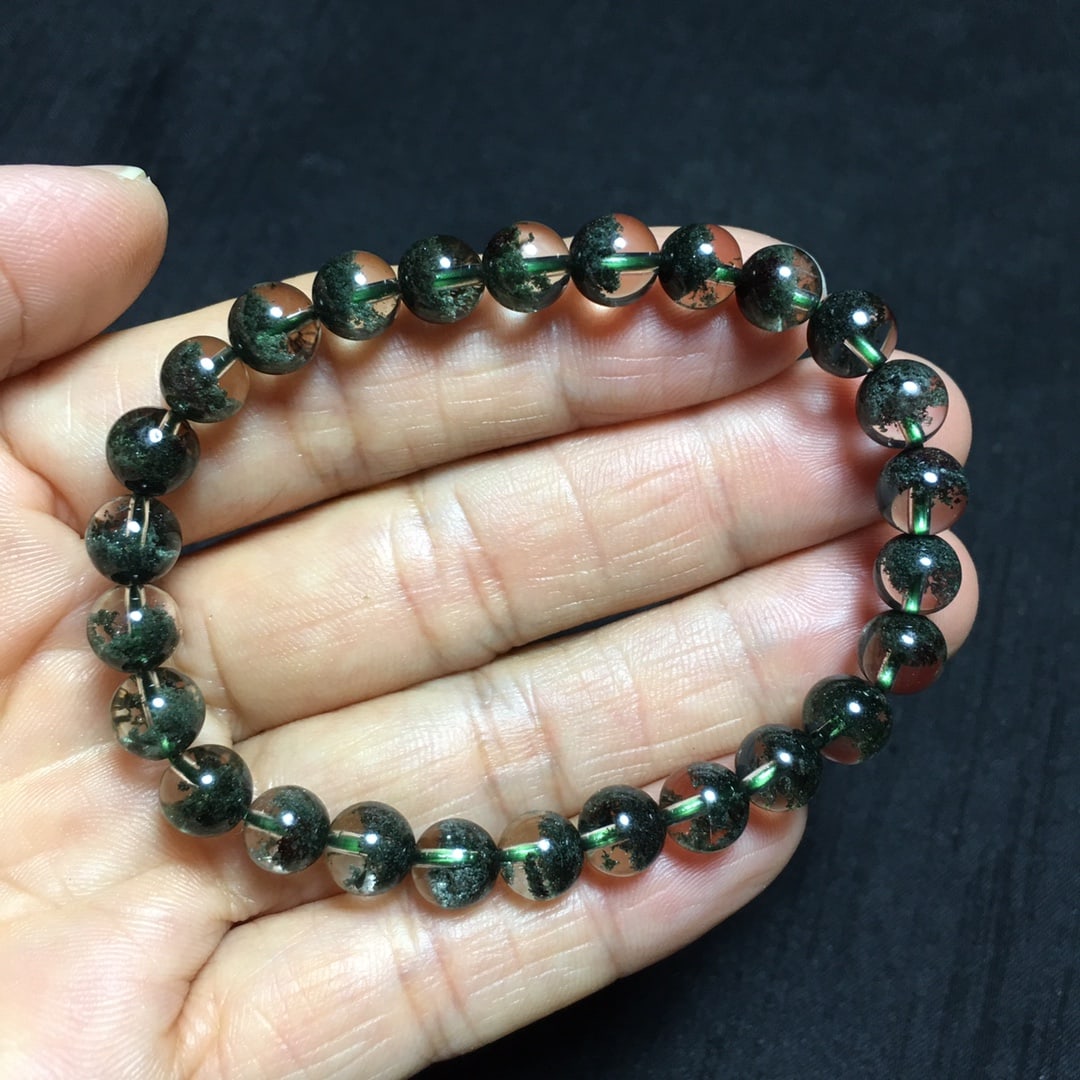 Natural Brazilian Green Phantom Quartz Bracelet, 7+mm Beads, 11.05g, Transparent Crystal - 3
