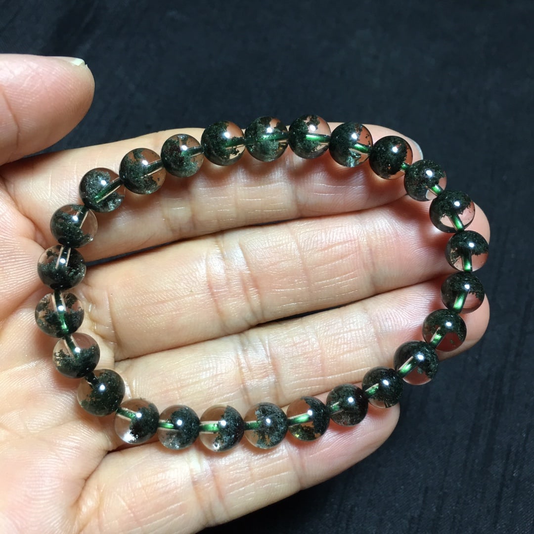 Natural Brazilian Green Phantom Quartz Bracelet, 7+mm Beads, 11.05g, Transparent Crystal - 4