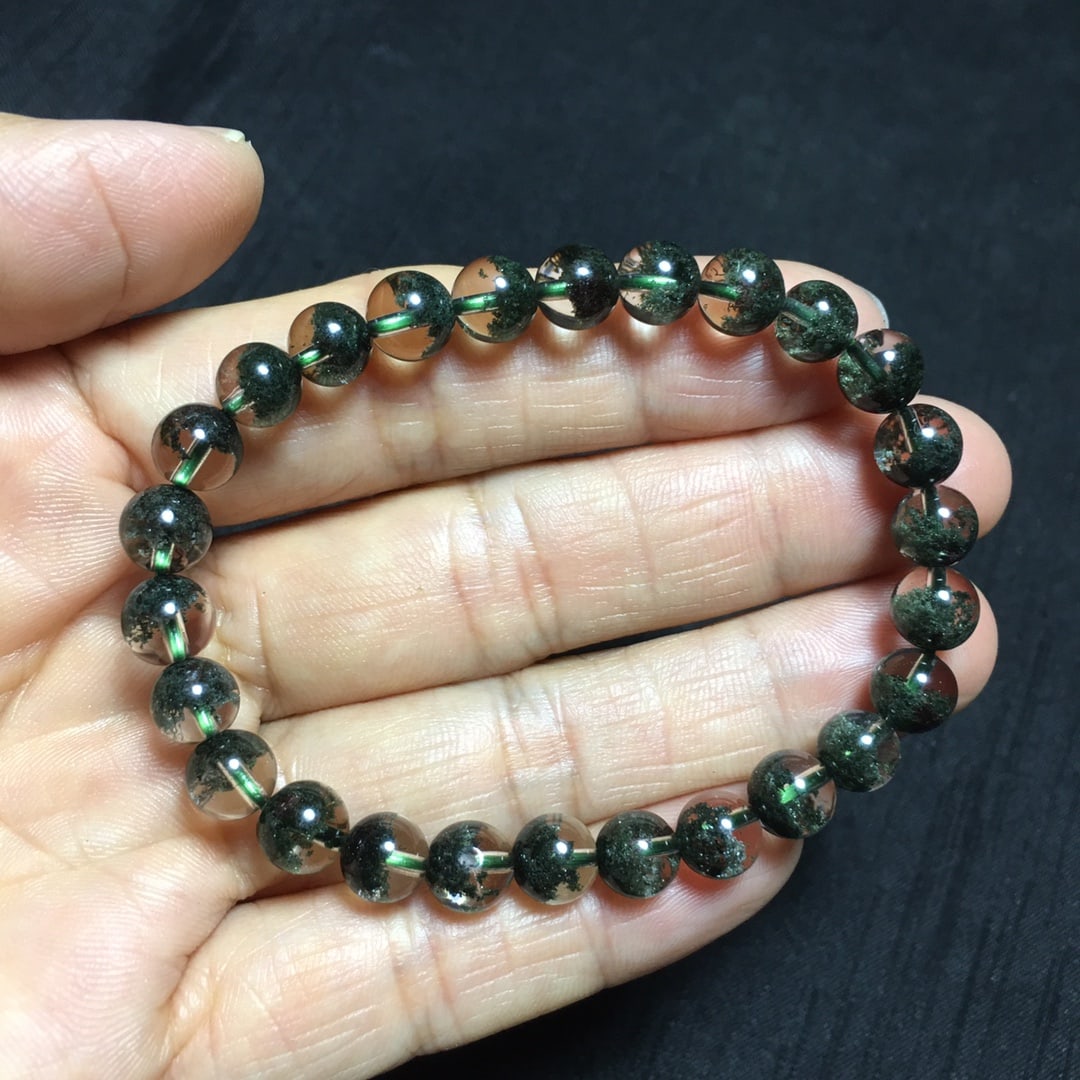 Natural Brazilian Green Phantom Quartz Bracelet, 7+mm Beads, 11.05g, Transparent Crystal - 5
