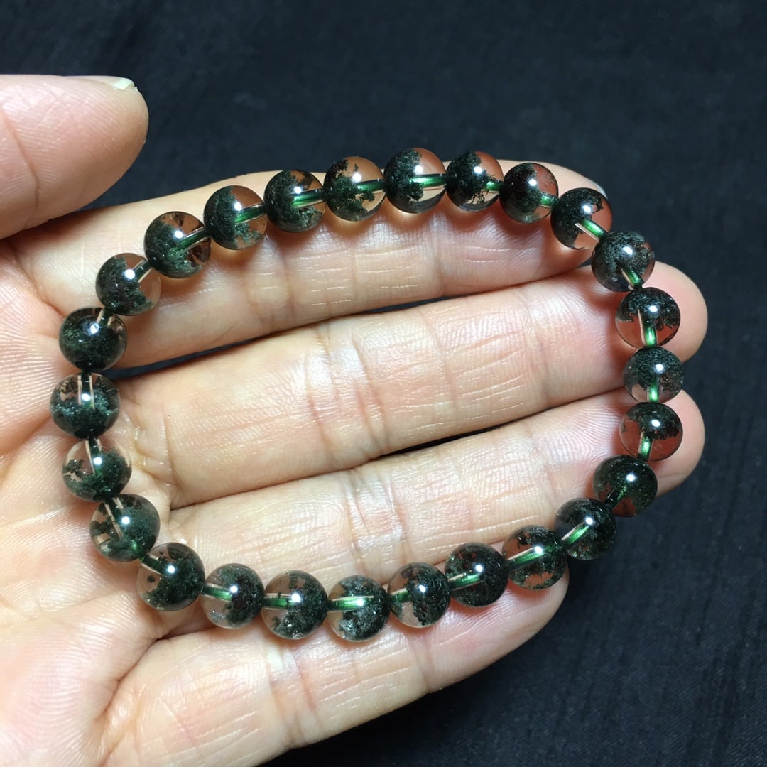 Natural Brazilian Green Phantom Quartz Bracelet, 7+mm Beads, 11.05g, Transparent Crystal - 6