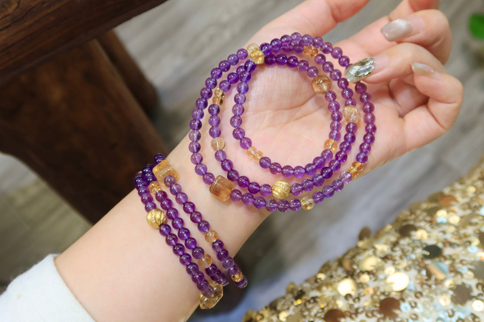 Natural Amethyst 5mm Triple-Strand Bracelet/Necklace, Two-Way Wear, with Yellow Quartz Accents - 4