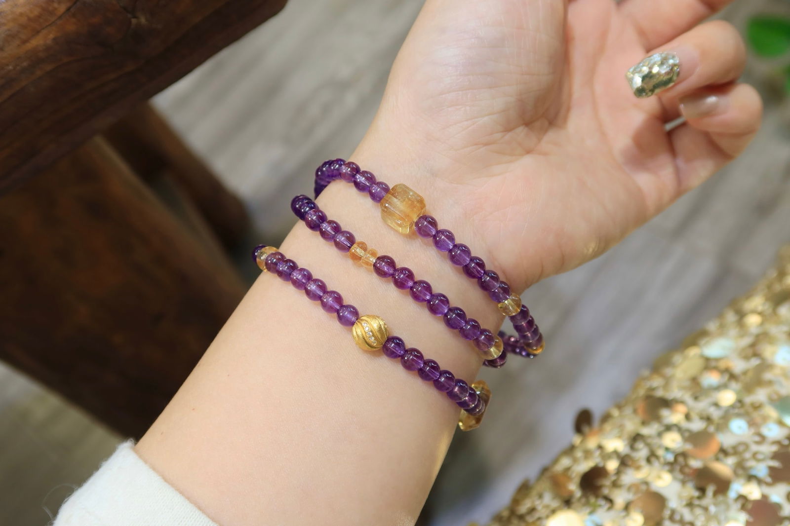 Natural Amethyst 5mm Triple-Strand Bracelet/Necklace, Two-Way Wear, with Yellow Quartz Accents - 5