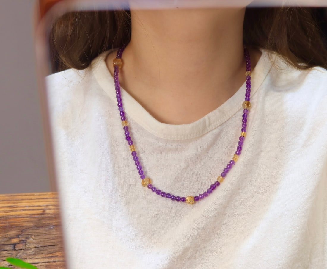 Natural Amethyst 5mm Triple-Strand Bracelet/Necklace, Two-Way Wear, with Yellow Quartz Accents - 6