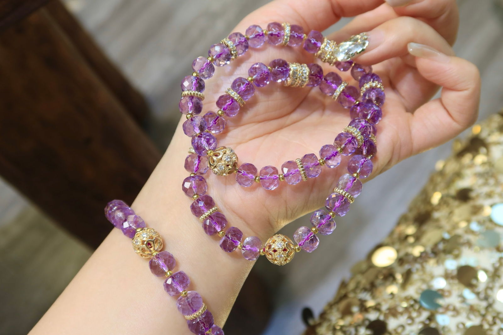 Natural Amethyst 8.5mm Bracelet - Clean Crystal, Elegant and Mystical, with Alloy Accents - 4
