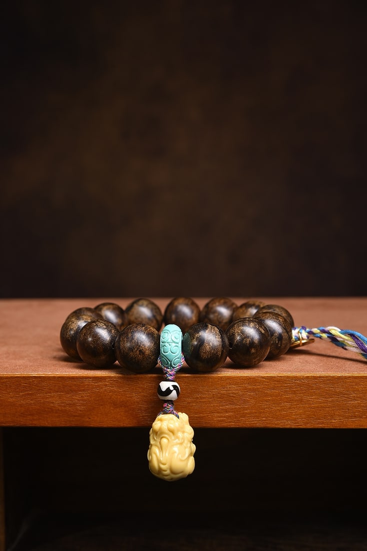 Natural Agarwood Bracelet with Gold-Jade Pi Xiu Pendant and Auspicious Beads, 18mm, 53.27g - 3