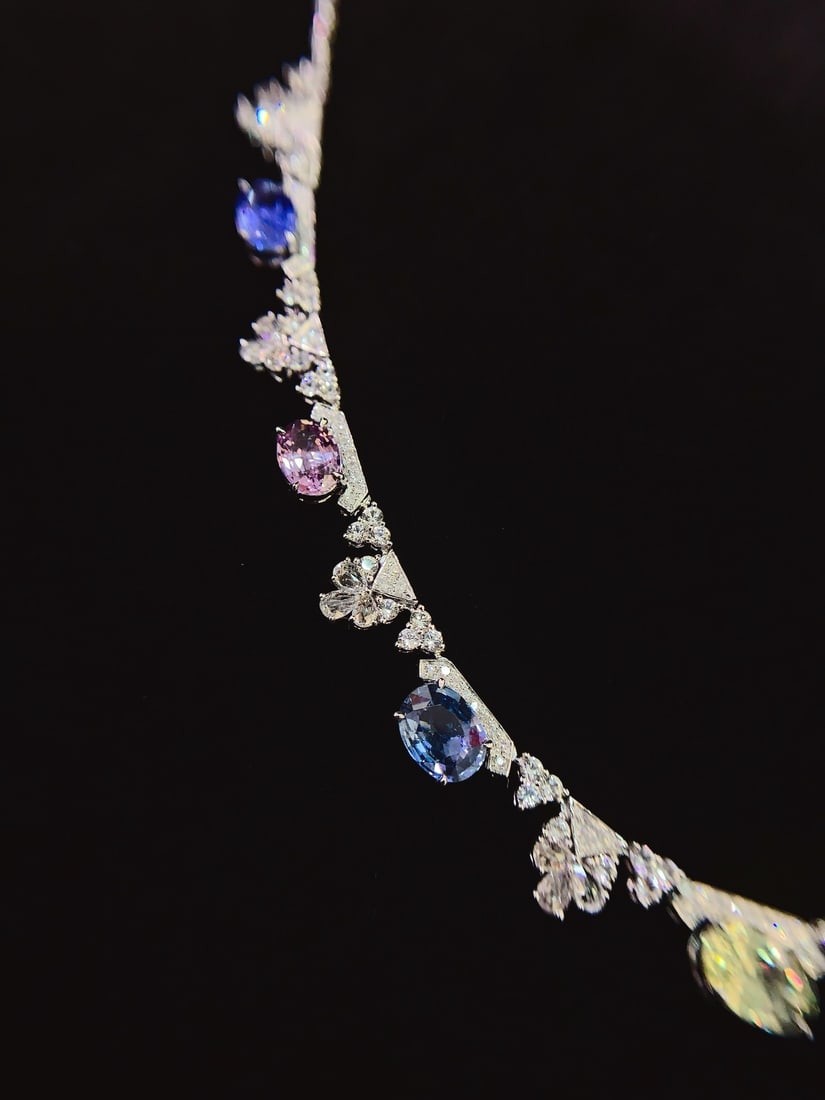 18K Gold Natural Untreated Fancy Sapphire Necklace with Diamonds and White Sapphires, 7.7ct, 18.01g - 3