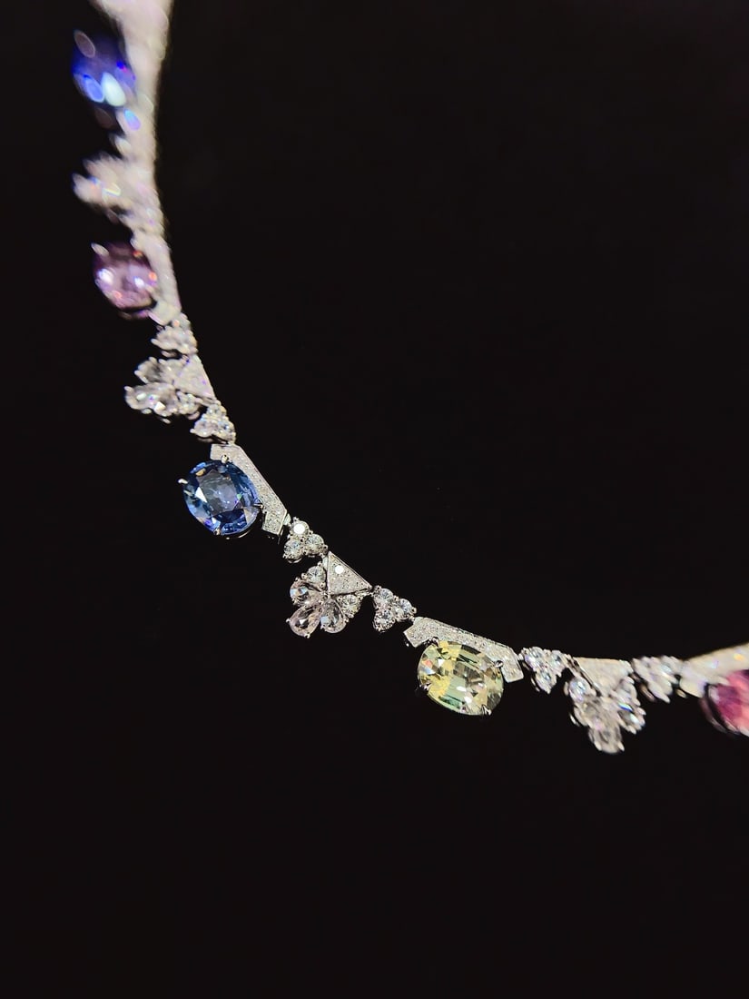 18K Gold Natural Untreated Fancy Sapphire Necklace with Diamonds and White Sapphires, 7.7ct, 18.01g - 4