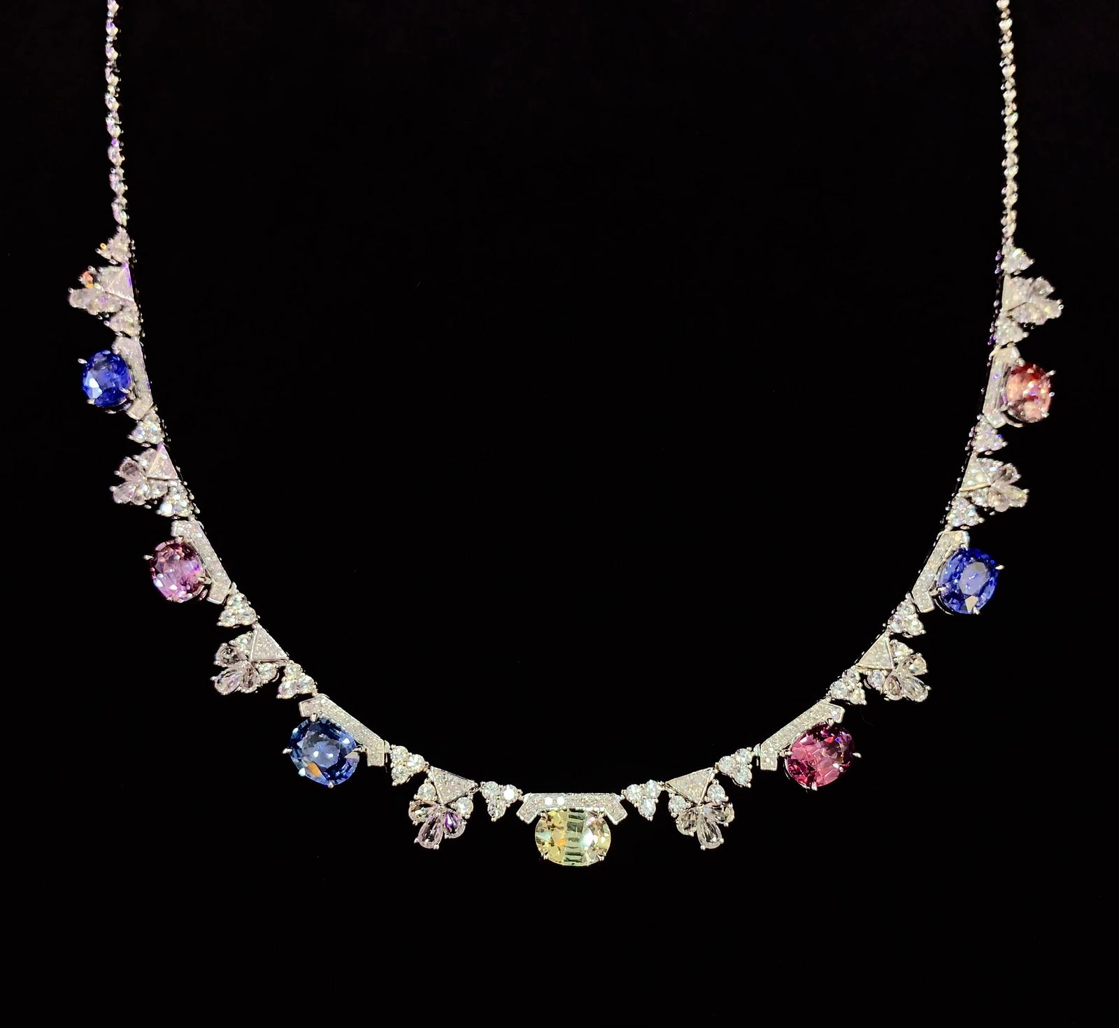 18K Gold Natural Untreated Fancy Sapphire Necklace with Diamonds and White Sapphires, 7.7ct, 18.01g - 7