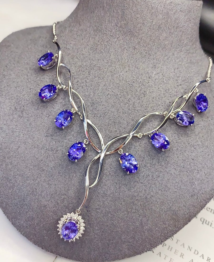 18K Gold Natural Tanzanite Necklace with Diamonds, 8.68ct, 9.92g - 3