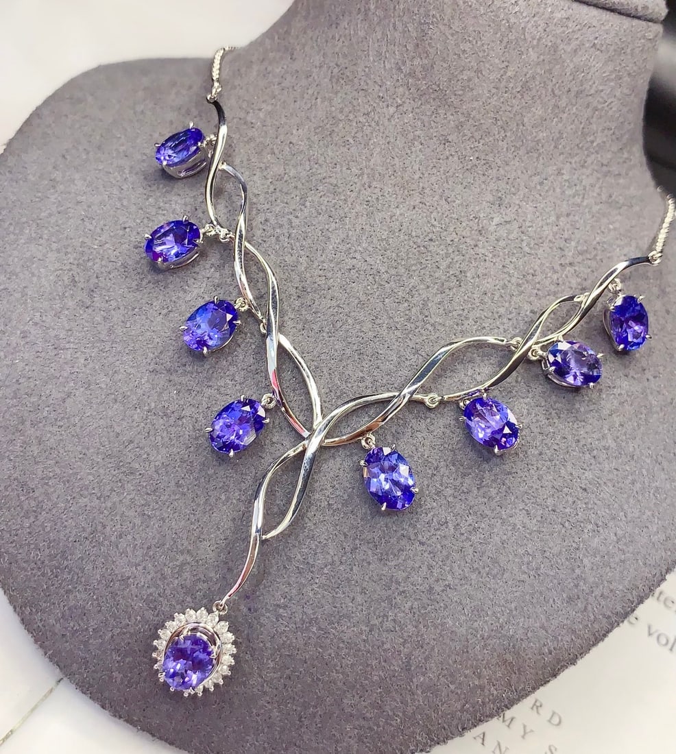 18K Gold Natural Tanzanite Necklace with Diamonds, 8.68ct, 9.92g - 6