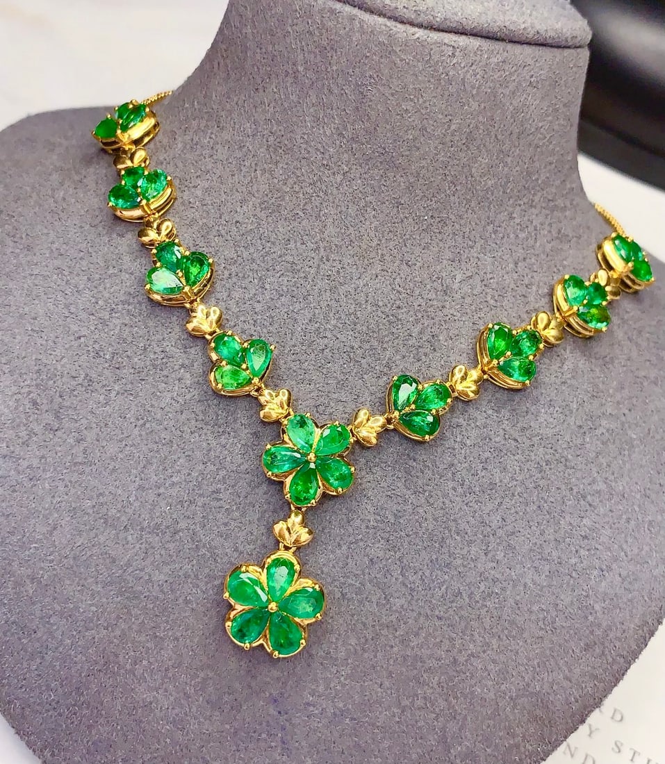 18K Gold Natural Emerald Necklace, 7.26ct, 11.07g - 3