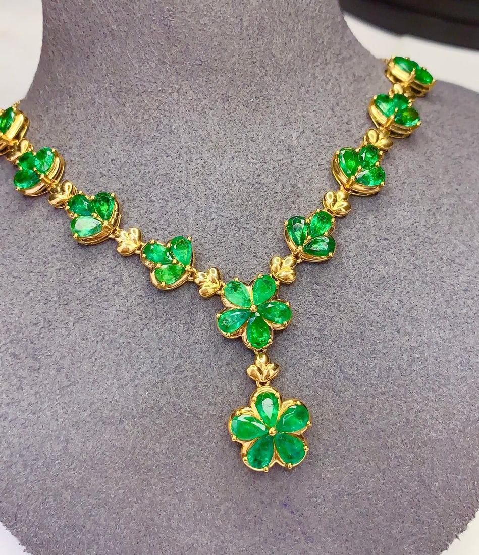 18K Gold Natural Emerald Necklace, 7.26ct, 11.07g - 5