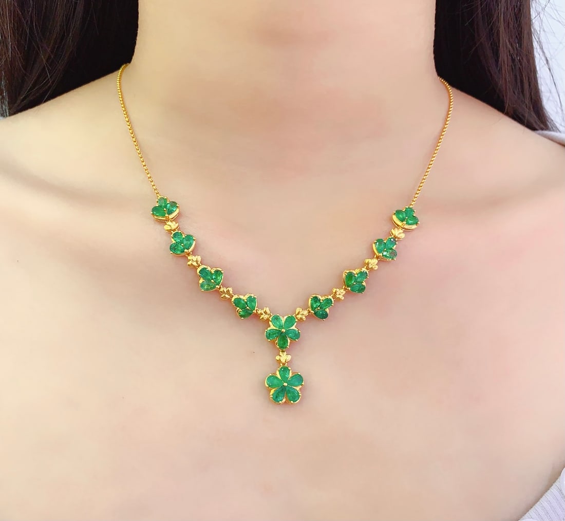 18K Gold Natural Emerald Necklace, 7.26ct, 11.07g - 6