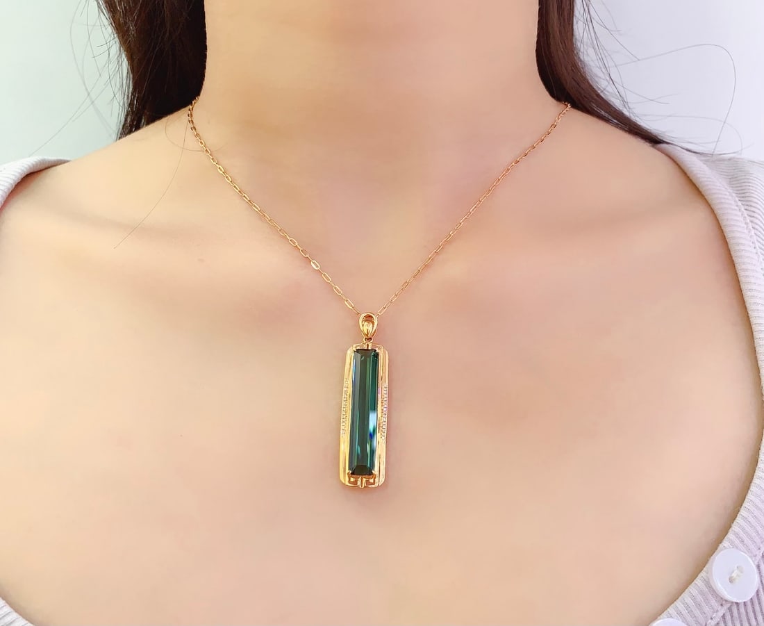 18K Gold Natural Tourmaline Pendant with Diamonds, 8.61ct, 4.13g (Chain Not Included) - 6