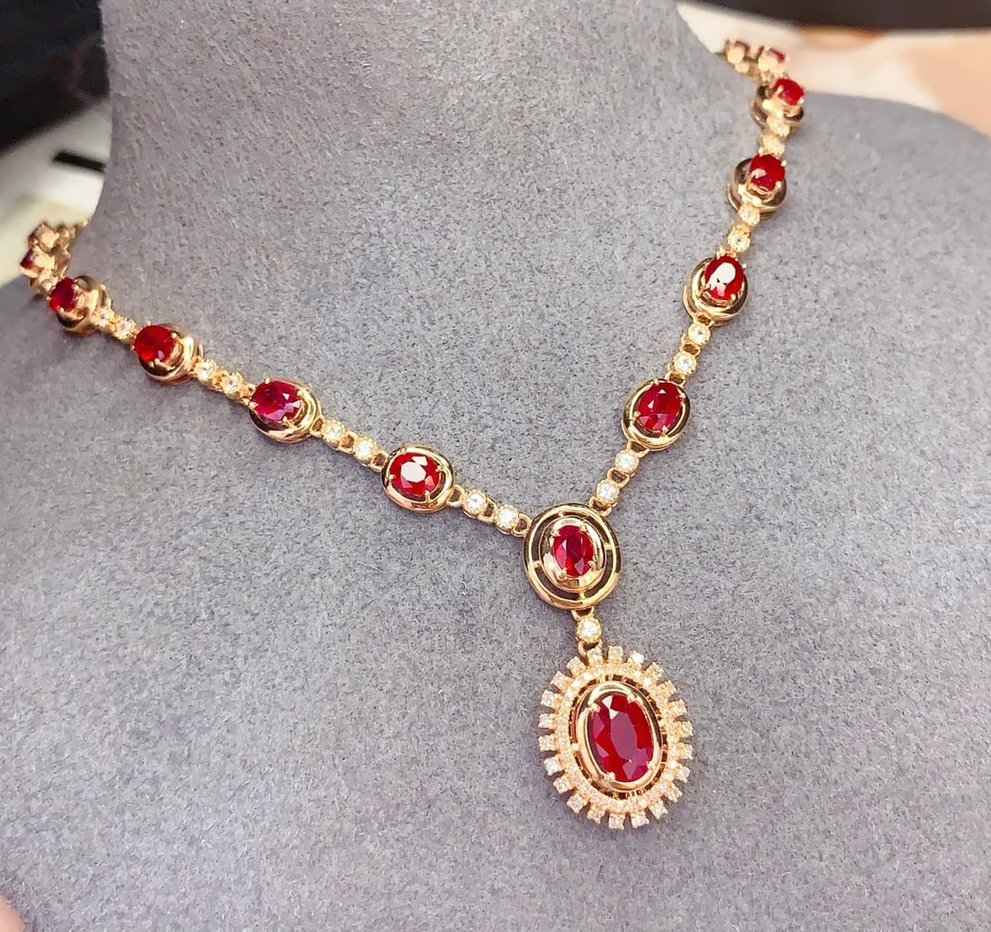 18K Gold Natural Ruby Necklace with Diamonds and White Sapphires, 6.3ct, 7.26g - 2