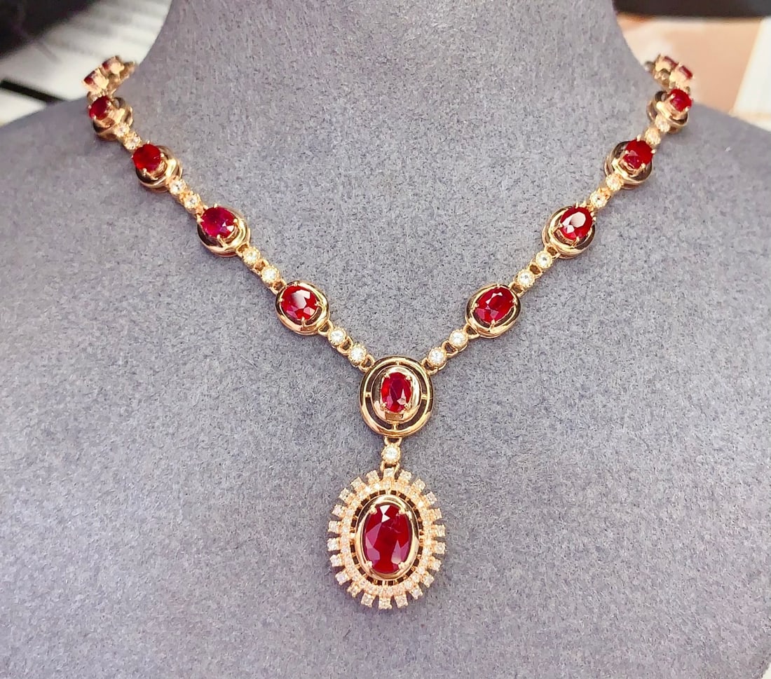 18K Gold Natural Ruby Necklace with Diamonds and White Sapphires, 6.3ct, 7.26g - 3