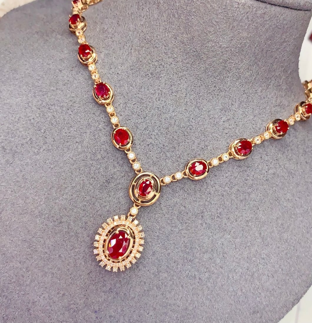 18K Gold Natural Ruby Necklace with Diamonds and White Sapphires, 6.3ct, 7.26g - 4