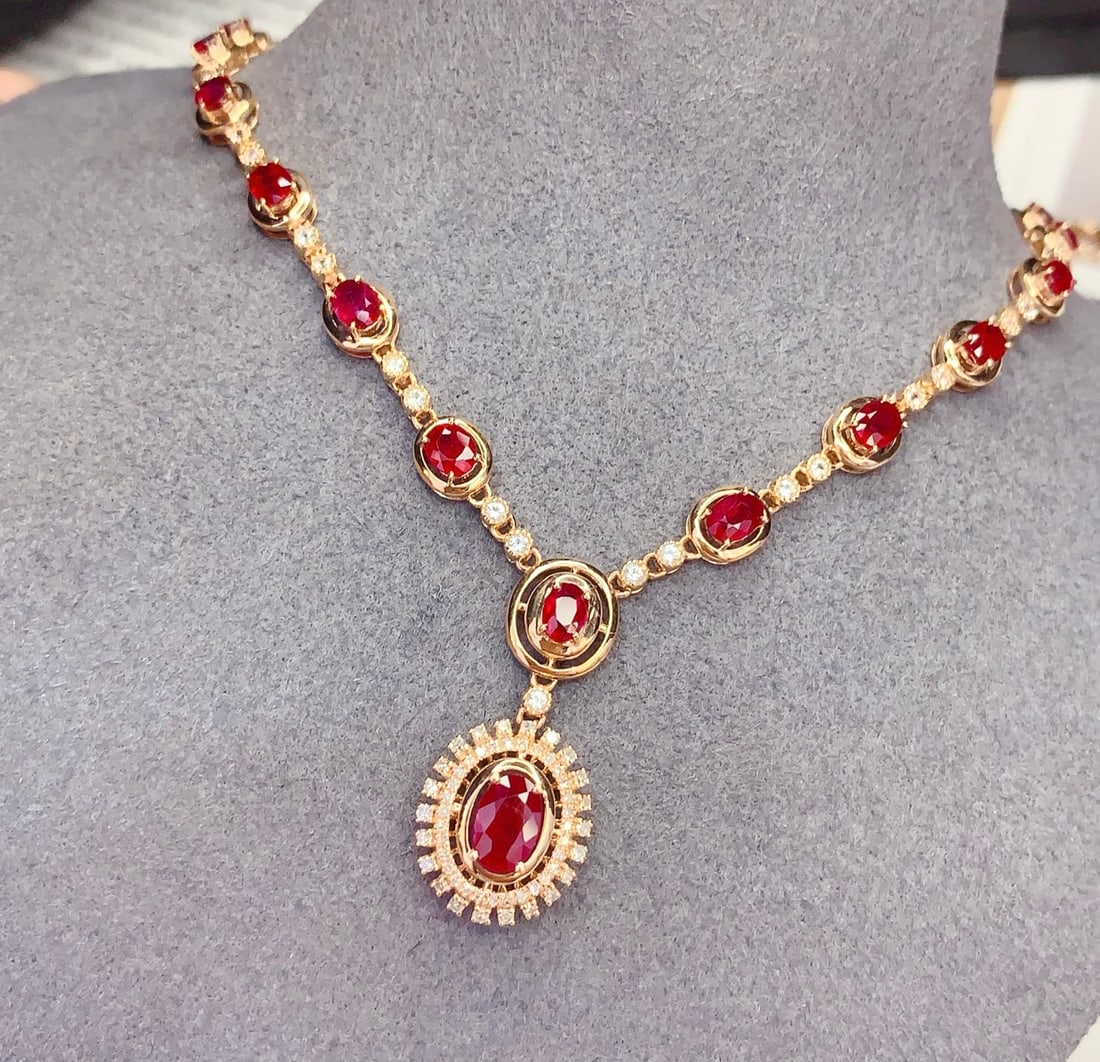 18K Gold Natural Ruby Necklace with Diamonds and White Sapphires, 6.3ct, 7.26g - 5