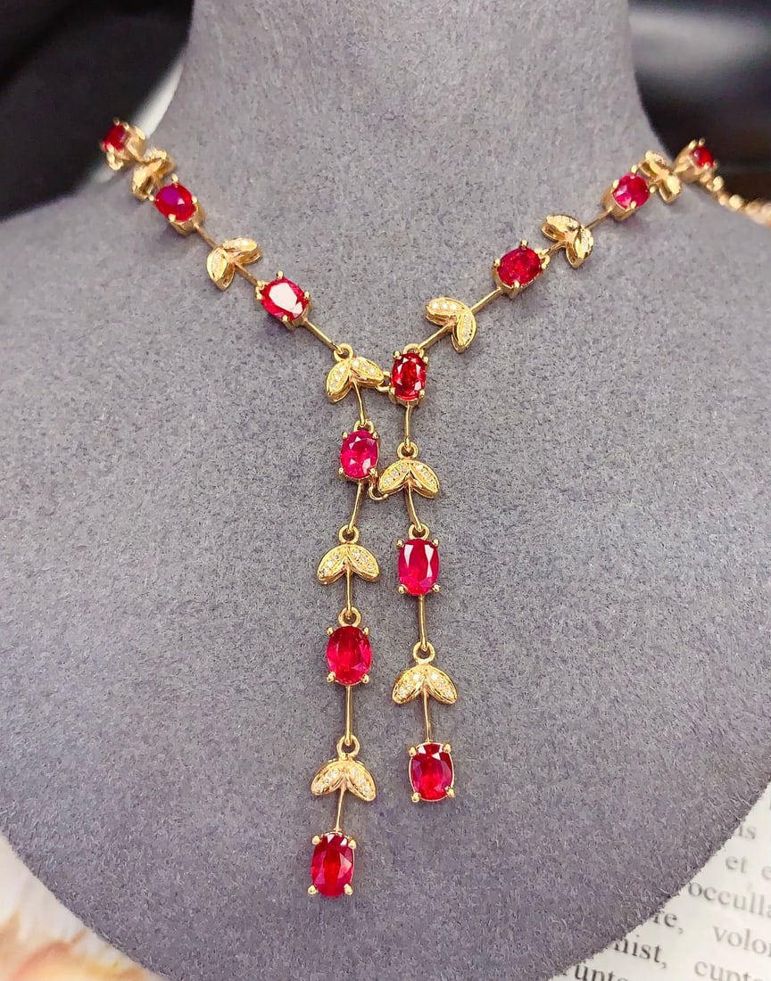 18K Gold Natural Ruby Necklace with Diamonds, 5.61ct, 12.56g (1 of 5)