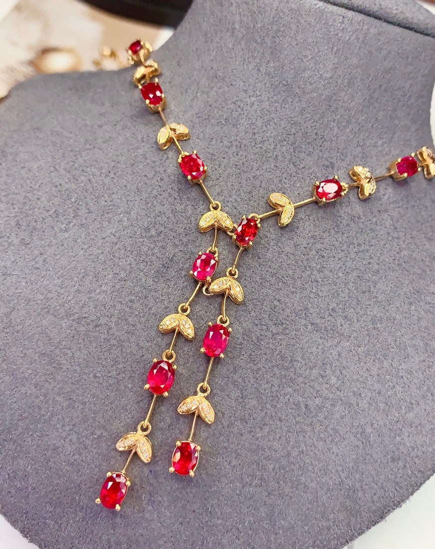 18K Gold Natural Ruby Necklace with Diamonds, 5.61ct, 12.56g - 2