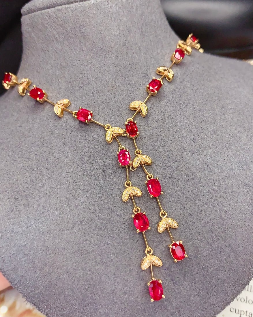 18K Gold Natural Ruby Necklace with Diamonds, 5.61ct, 12.56g - 4
