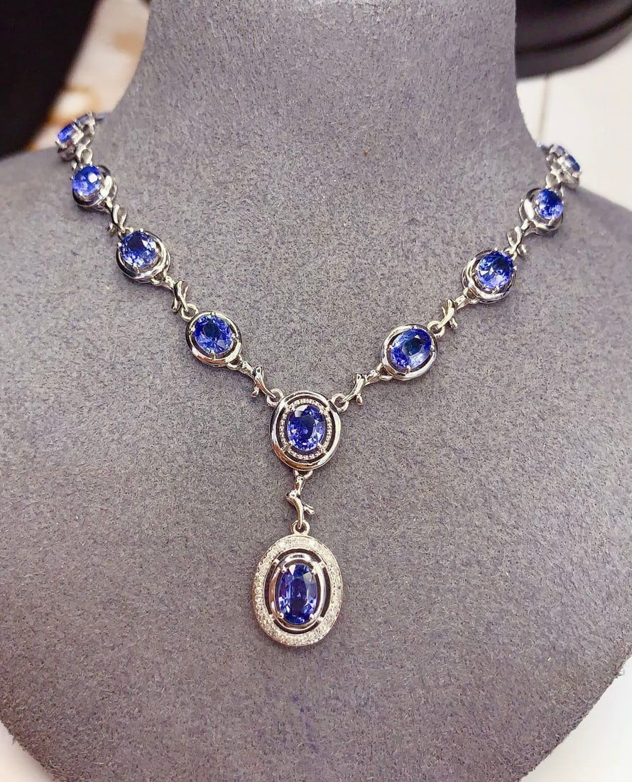 18K Gold Natural Sapphire Necklace with Diamonds, 7.5ct, 7.70g (1 of 10)