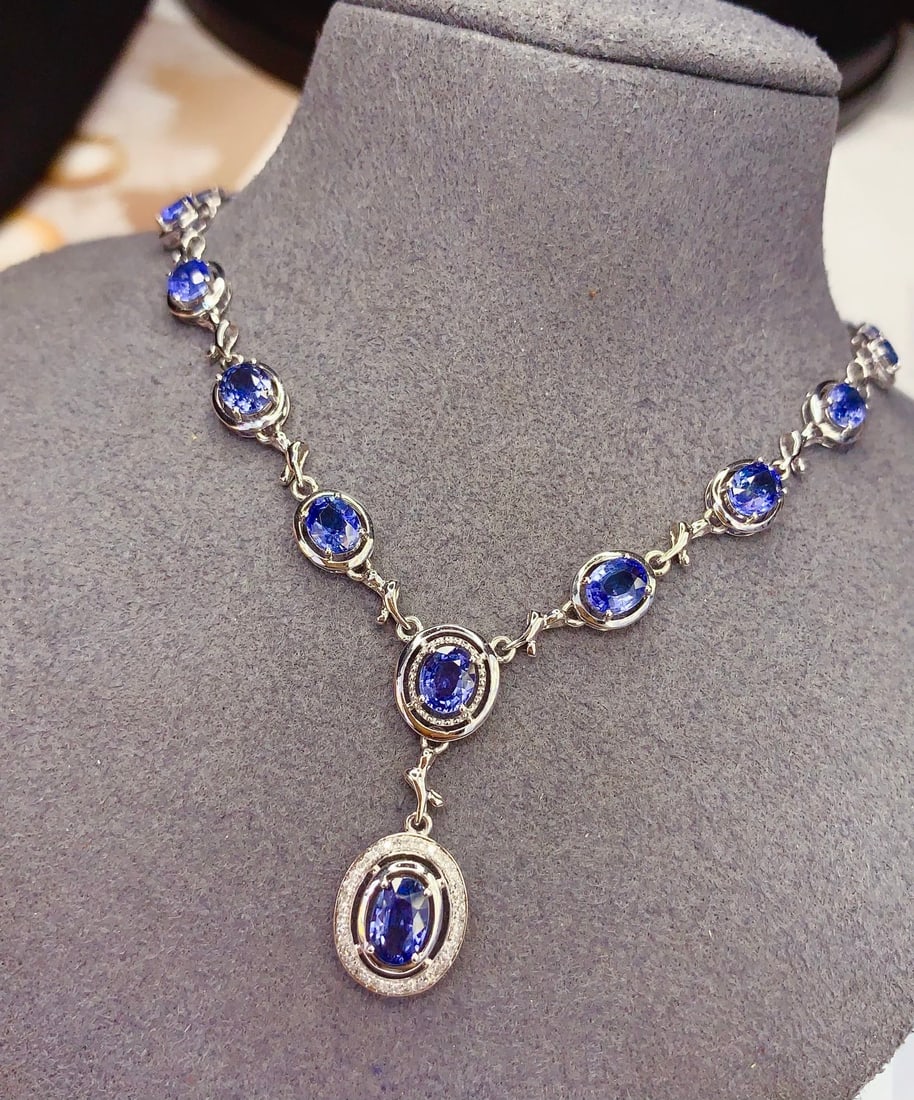 18K Gold Natural Sapphire Necklace with Diamonds, 7.5ct, 7.70g - 3
