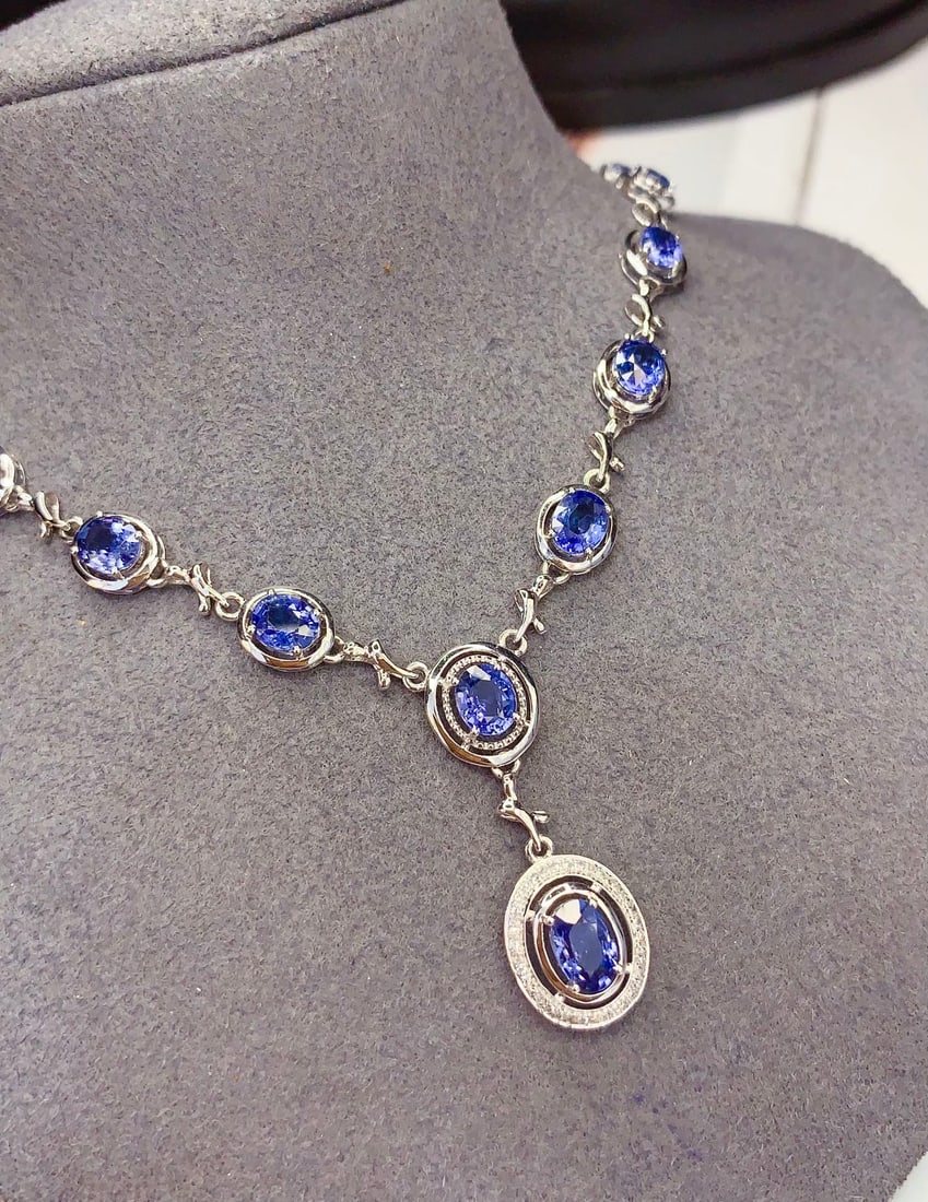 18K Gold Natural Sapphire Necklace with Diamonds, 7.5ct, 7.70g - 4