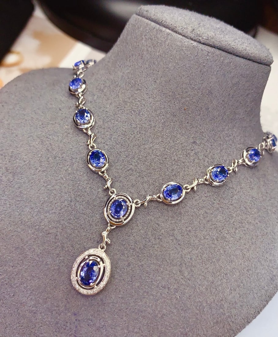 18K Gold Natural Sapphire Necklace with Diamonds, 7.5ct, 7.70g - 5