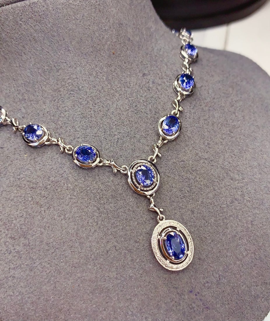 18K Gold Natural Sapphire Necklace with Diamonds, 7.5ct, 7.70g - 6