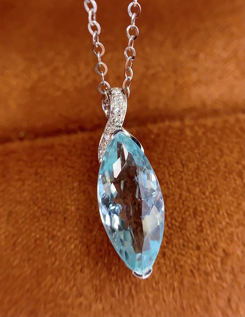 18K Gold Natural Aquamarine Pendant with Diamonds, 3.2ct, 1.11g (Chain Not Included) - 5