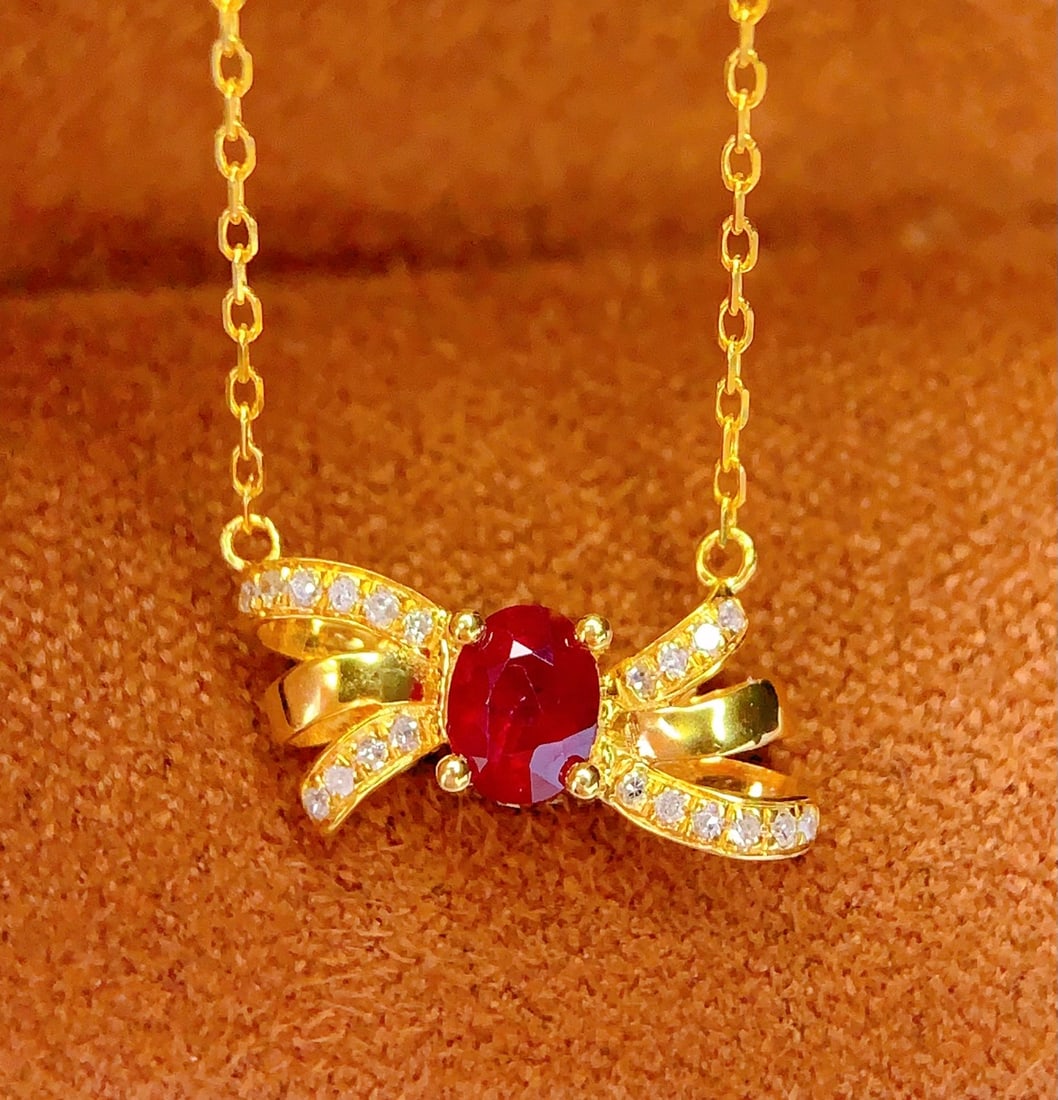 18K Gold Natural Ruby Clavicle Necklace with Diamonds, 0.4ct, 1.78g - 3