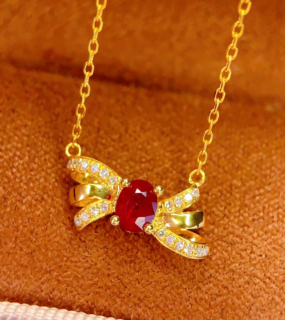 18K Gold Natural Ruby Clavicle Necklace with Diamonds, 0.4ct, 1.78g - 5