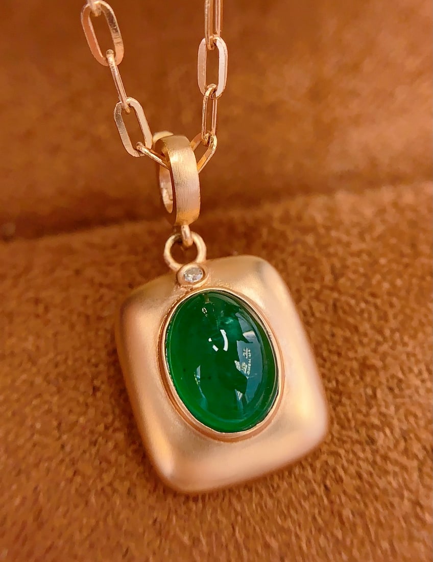 18K Gold Natural Emerald Pendant with Diamond, 1ct, 1.14g (Bail Not Included) - 4