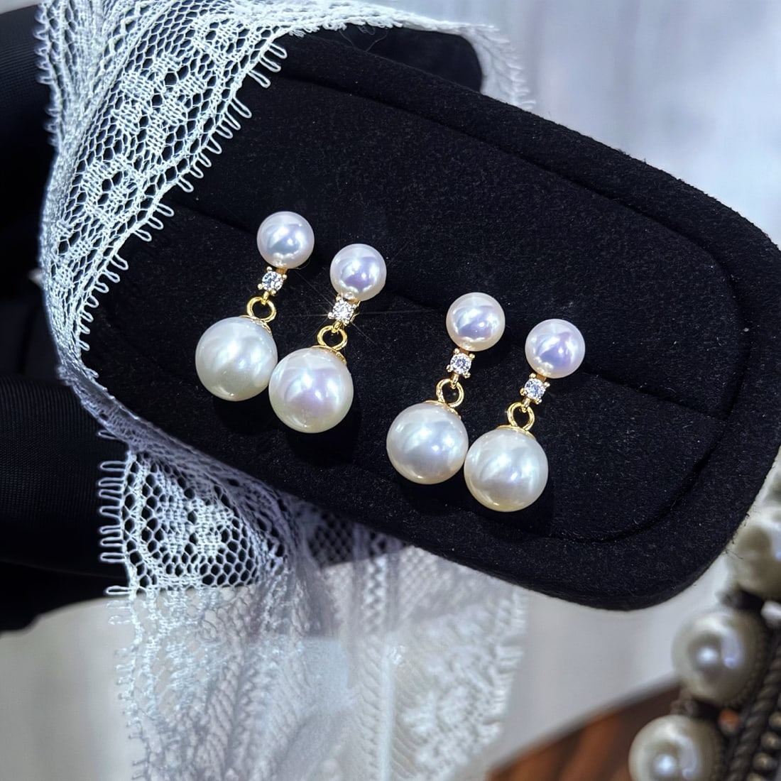 Sterling Silver Double Pearl Stud Earrings, 5-7.5mm High-Quality Natural Pearls - 6